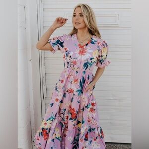Love Olive Co Pink Tropical Floral Puff Sleeve Buttoned Maxi Dress